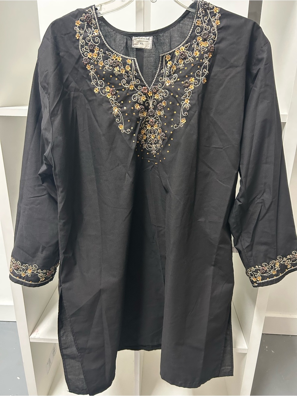 Indian Kurtis Sequin and embroidered neckline with pants, dupatta black and gold